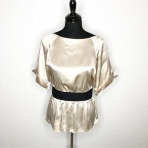 Theory Dorris Charmed champagne silk black waist peplum top size Medium